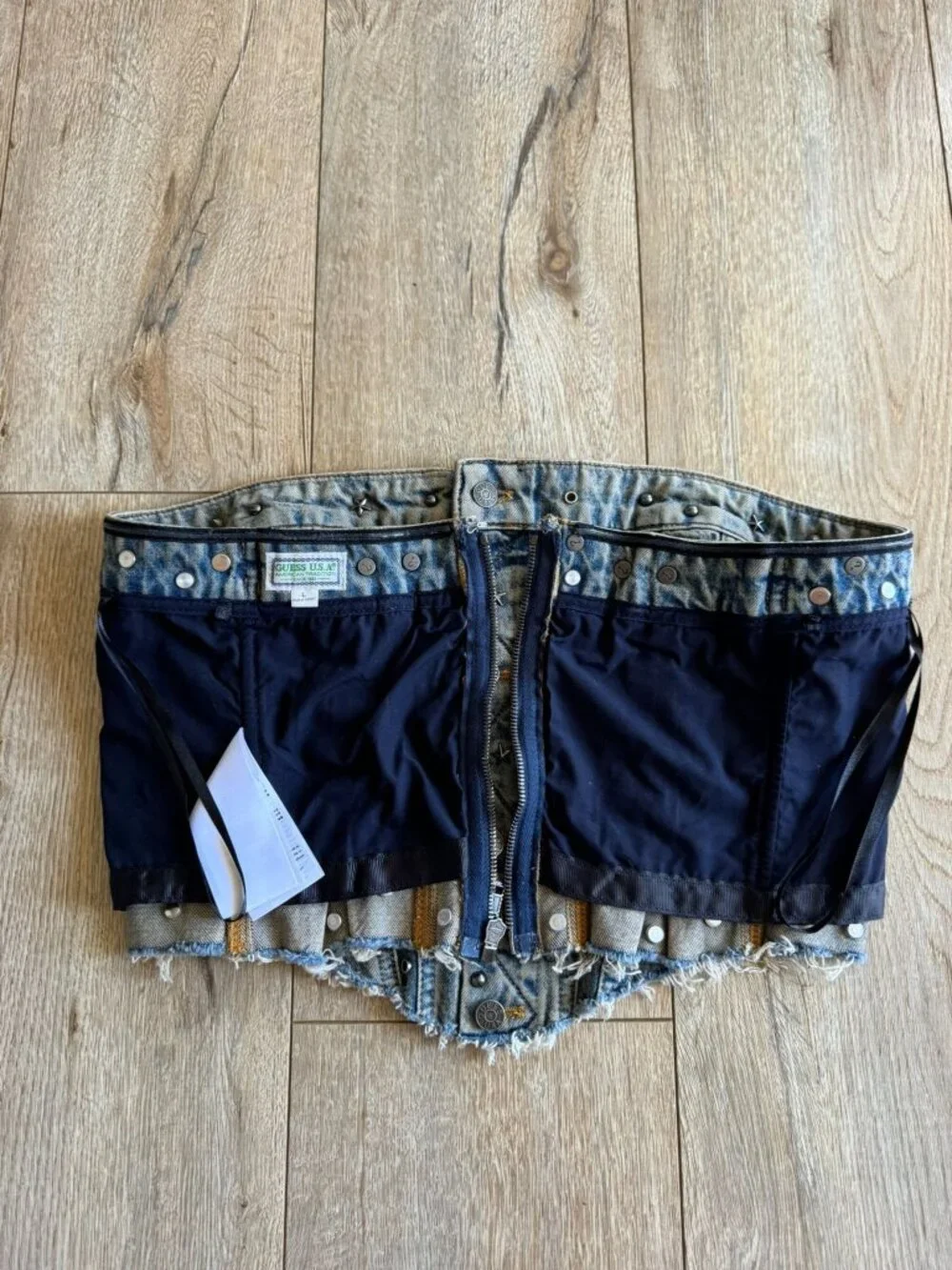 GUESS USA Silver Stud Embellished Gusa‎ Indigo Brown Tint Denim Corset Large
